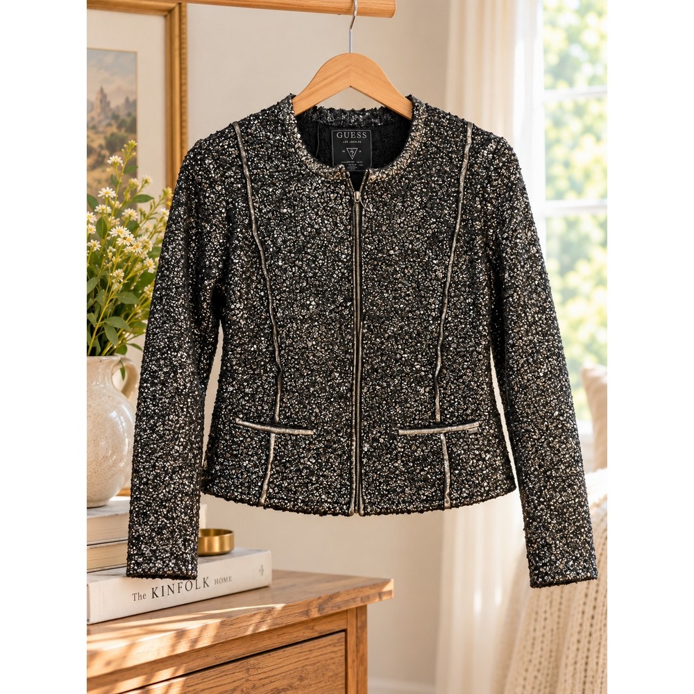 Guess Womens Metallic Silver Black Boucle Zip Up Cardigan Jacket Size S Small